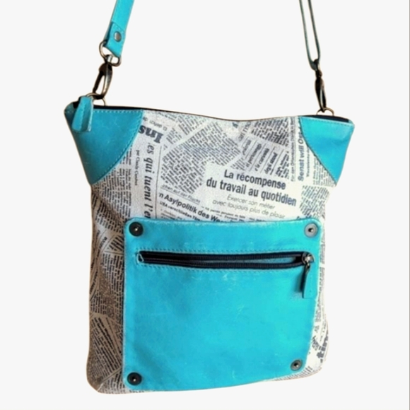 Handbags - Maurizio Taiuti Turquoise Newsprint Crossbody Bag